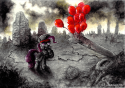 Size: 2338x1653 | Tagged: safe, artist:drawirm, pinkie pie, earth pony, pony, g4, balloon, female, gas mask, mare, mask, missile, outdoors, post-apocalyptic, romantically apocalyptic, solo, zee captain