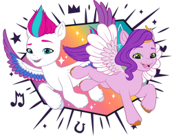 Size: 2617x2073 | Tagged: safe, pipp petals, zipp storm, pegasus, pony, g5, my little pony: make your mark, official, .ai available, duo, duo female, female, g5 brand assets, mare, royal sisters (g5), siblings, simple background, sisters, transparent background, vector