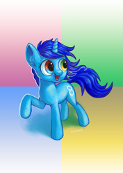 Size: 2059x2912 | Tagged: safe, artist:drawirm, oc, oc only, oc:win, pony, unicorn, abstract background, commission, female, heterochromia, horn, mare, solo