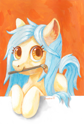 Size: 2019x2970 | Tagged: safe, artist:drawirm, oc, oc only, earth pony, pony, female, mare, mouth hold, paintbrush, solo, traditional art