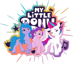 Size: 4458x3871 | Tagged: safe, izzy moonbow, pipp petals, zipp storm, pegasus, pony, unicorn, g5, my little pony: make your mark, official, .ai available, female, g5 brand assets, horn, mare, my little pony logo, royal sisters (g5), siblings, simple background, sisters, transparent background, trio, trio female, vector