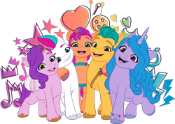 Size: 4494x3205 | Tagged: safe, hitch trailblazer, izzy moonbow, pipp petals, sunny starscout, zipp storm, earth pony, pegasus, pony, unicorn, g5, my little pony: make your mark, official, .ai available, female, g5 brand assets, group, horn, male, mane five, mane stripe sunny, mare, quintet, royal sisters (g5), siblings, simple background, sisters, stallion, transparent background, vector