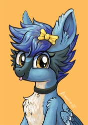 Size: 500x707 | Tagged: safe, artist:drawirm, oc, oc only, pegasus, pony, bow, bust, chest fluff, collar, commission, female, hair bow, mare, orange background, simple background, solo, tongue out