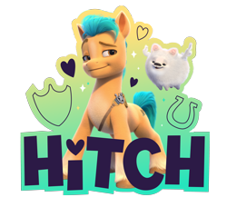 Size: 3580x3267 | Tagged: safe, cloudpuff, hitch trailblazer, dog, earth pony, flying pomeranian, pomeranian, pony, g5, my little pony: make your mark, official, 3d, abstract background, duo, g5 brand assets, male, simple background, stallion, transparent background, winged dog