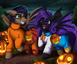 Size: 3987x3329 | Tagged: safe, artist:pridark, oc, oc only, bat pony, pony, bat pony oc, clothes, costume, duo, glasses, halloween, holiday, jack-o-lantern, outdoors, pumpkin, pumpkin bucket, scooby-doo!