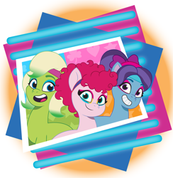 Size: 1800x1847 | Tagged: safe, artist:prixy05, blue belle (g5), minty (g5), snuzzle (g5), earth pony, pony, g5, my little pony: tell your tale, bow, bridlewoodstock, dreamlands, female, hair bow, makeup, mare, open mouth, open smile, smiling, trio, trio female, unitober 2024