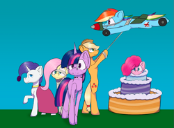 Size: 947x699 | Tagged: safe, artist:cotarsis, applejack, fluttershy, pinkie pie, rainbow dash, rarity, twilight sparkle, earth pony, pegasus, pony, unicorn, mlp fim's fourteenth anniversary, g4, alternate cutie mark, cake, food, horn, mane six, two toned background, wip