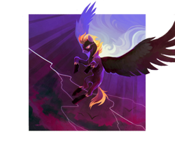 Size: 1280x1056 | Tagged: safe, artist:dearmary, oc, oc only, oc:blaze (shadowbolt), bat, pegasus, pony, abstract background, aviator goggles, clothes, cloud, costume, flight suit, goggles, lightning, night, shadowbolts, shadowbolts costume, solo, transparent, yellow mane