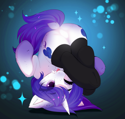 Size: 3476x3294 | Tagged: safe, artist:empress-twilight, oc, oc only, oc:blueberry dessert, pony, unicorn, ;p, blushing, butt, clothes, commission, dock, ear fluff, eye clipping through hair, eyebrows, eyebrows visible through hair, featureless crotch, female, gradient background, horn, mare, one eye closed, plot, socks, solo, sparkles, tail, thigh highs, tongue out, unicorn oc, upside down, ych result