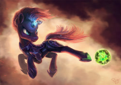 Size: 3721x2631 | Tagged: safe, artist:nemo2d, tempest shadow, pony, unicorn, g4, my little pony: the movie, armor, broken horn, eye scar, facial scar, female, horn, kicking, mare, obsidian orb, painting, scar, solo, sparking horn