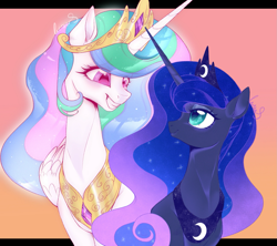 Size: 1791x1592 | Tagged: safe, artist:meteor s, princess celestia, princess luna, alicorn, pony, g4, crown, cute, cutelestia, duo, duo female, female, gradient background, grin, horn, horns are touching, jewelry, letterboxing, looking at each other, looking at someone, lunabetes, mare, out of frame, regalia, royal sisters, siblings, signature, sisters, smiling, smiling at each other, upper body