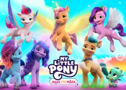 Size: 5079x3626 | Tagged: safe, hitch trailblazer, izzy moonbow, misty brightdawn, pipp petals, sparky sparkeroni, sunny starscout, zipp storm, alicorn, dragon, earth pony, pegasus, pony, unicorn, g5, my little pony: make your mark, official, 3d, abstract background, artificial horn, artificial wings, augmented, bracelet, colored wings, diadem, female, flying, g5 brand assets, horn, jewelry, magic, magic horn, magic wings, male, mane five, mane six (g5), mane stripe sunny, mare, multicolored wings, my little pony logo, open mouth, open smile, race swap, raised hoof, rebirth misty, regalia, royal sisters (g5), siblings, sisters, smiling, spread wings, stallion, sunnycorn, unshorn fetlocks, wings