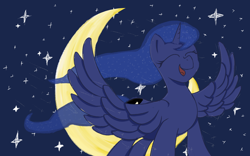 Size: 2560x1600 | Tagged: safe, artist:robertscarlett, princess luna, alicorn, pony, mlp fim's fourteenth anniversary, g4, crescent moon, eyes closed, moon, outdoors, smiling, spread wings, wings