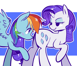 Size: 1280x1097 | Tagged: safe, artist:rwl, rainbow dash, rarity, pegasus, pony, unicorn, g4, blushing, eye contact, eyes on the prize, female, horn, lesbian, looking at each other, looking at someone, mare, ship:raridash, shipping, smug