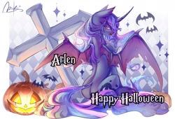 Size: 1800x1224 | Tagged: safe, artist:alunarlen, princess luna, bat, bat pony, pony, g4, bat ponified, cross, female, halloween, holiday, jack-o-lantern, lunabat, mare, pretty, pumpkin, race swap, rear view, solo, spread wings, wings