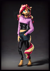 Size: 4000x5656 | Tagged: safe, artist:imafutureguitarhero, sunset shimmer, classical unicorn, unicorn, anthro, unguligrade anthro, g4, 3d, :d, belly fluff, belt, bolero jacket, border, cheek fluff, chin fluff, chromatic aberration, clothes, cloven hooves, colored eyebrows, colored eyelashes, cute, ear fluff, ear freckles, eyebrows, female, film grain, floppy ears, fluffy, fluffy hair, fluffy mane, fluffy tail, freckles, fur, hand freckles, hand in pocket, hand on hip, hoodie, hoof fluff, horn, jacket, latex, latex stockings, latex under clothes, leonine tail, long hair, long mane, long sleeves, looking sideways, looking to the right, mare, midriff, multicolored hair, multicolored mane, multicolored tail, neck fluff, nose wrinkle, one ear down, open mouth, open smile, paintover, pants, peppered bacon, raised eyebrow, revamped anthros, revamped ponies, shadow, shiny, shorts, signature, smiling, solo, source filmmaker, stockings, tail, tail around leg, tail fluff, thigh highs, unshorn fetlocks, vertical, wall of tags