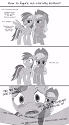 Size: 4167x7537 | Tagged: safe, artist:anonymousandrei, derpibooru exclusive, applejack, rainbow dash, earth pony, pegasus, g4, 3 panel comic, applejack's hat, blatant lies, blushing, bottom, comic, cowboy hat, denial, denial's not just a river in egypt, duo, duo female, female, grayscale, hat, lesbian, mare, monochrome, ship:appledash, shipping, simple background, talking to viewer, top, white background