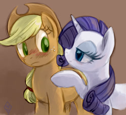 Size: 625x569 | Tagged: safe, artist:whitediamonds, applejack, rarity, earth pony, pony, unicorn, g4, applejack's hat, blushing, cowboy hat, female, hat, horn, lesbian, mare, photoshop, raised hoof, ship:rarijack, shipping