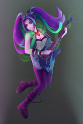 Size: 2000x3000 | Tagged: safe, artist:moewwur, artist:rin-mandarin, aria blaze, human, rainbow rocks 10th anniversary, equestria girls, g4, boots, electric guitar, eyes closed, eyeshadow, female, full body, gem, guitar, jewelry, lips, magic, makeup, musical instrument, necklace, pigtails, ponytail, ponytails, purple eyeshadow, shoes, smiling, solo, stars, sticker, tail, twintails, wristband