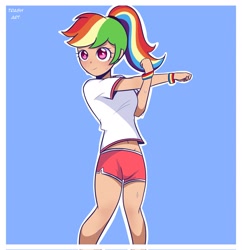 Size: 1982x2048 | Tagged: safe, artist:eltrash_art6, rainbow dash, human, g4, alternate hairstyle, belly, belly button, blushing, clothes, cute, dashabetes, female, humanized, midriff, passepartout, ponytail, shirt, shorts, solo, sports shorts, stretching, t-shirt