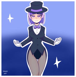 Size: 2014x2048 | Tagged: safe, artist:eltrash_art6, oc, oc only, oc:flawless sparklemoon, human, my little pony the movie: the death of twilight sparkle, blushing, bowtie, breasts, clothes, coat, eyeshadow, female, fusion, fusion:trixie, fusion:twilight sparkle, fusion:twixie, gloves, gradient background, hat, humanized, humanized oc, leotard, magician outfit, makeup, nylon, passepartout, shirt, solo, stockings, thigh highs, top hat