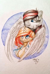 Size: 1255x1877 | Tagged: safe, artist:amishy, oc, oc only, pegasus, pony, unicorn, abstract background, blushing, duo, female, horn, hug, hug from behind, male, mare, oc x oc, shipping, stallion, traditional art, watercolor painting