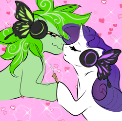 Size: 811x807 | Tagged: safe, artist:burgerpaws, rarity, oc, oc:stoney poney, earth pony, pony, unicorn, g4, canon x oc, drugs, duo, female, headphones, high, horn, joint, kissing, lesbian, magnet (vocaloid), mare, marijuana, ship:stority, shipping, smoke, song reference, vocaloid