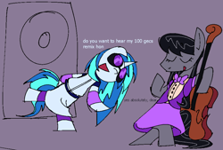 Size: 1348x912 | Tagged: safe, artist:riptyde164, dj pon-3, octavia melody, vinyl scratch, earth pony, unicorn, semi-anthro, g4, 100 gecs, arm hooves, bipedal, bowtie, cello, clothes, dialogue, duo, equestria girls outfit, female, horn, lesbian, musical instrument, octavia's bowtie, ship:scratchtavia, shipping, speaker