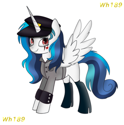 Size: 1400x1414 | Tagged: safe, artist:wh189, oc, oc only, oc:praetorian themis, alicorn, alicorn oc, boots, clothes, cufflinks, hat, horn, looking at you, peaked cap, shirt, shoes, solo, tattoo, wings