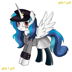 Size: 1400x1414 | Tagged: safe, artist:wh189, oc, oc only, oc:praetorian themis, alicorn, pony, alicorn oc, boots, clothes, cufflinks, hat, horn, looking at you, peaked cap, shoes, simple background, skirt, solo, spread wings, tattoo, white background, wings