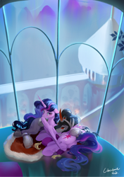 Size: 1080x1534 | Tagged: safe, artist:tingsan, king sombra, twilight sparkle, alicorn, pony, unicorn, g4, butt, cuddling, dock, female, horn, male, mare, plot, ship:twibra, shipping, stallion, straight, tail, twilight sparkle (alicorn)