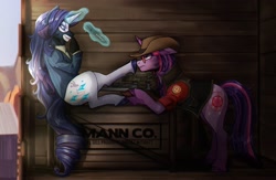 Size: 3000x1950 | Tagged: safe, artist:slapearl, rarity, twilight sparkle, pony, unicorn, g4, 2fort, alternate hairstyle, balaclava, boop, butterfly knife, clothes, cosplay, costume, crossover, duo, duo female, eyeshadow, female, gloves, glowing, glowing horn, gun, hat, horn, knife, lesbian, lipstick, magic, makeup, mann co. supply crate, mare, rifle, ship:rarilight, shipping, shirt, ski mask, sniper (tf2), sniper rifle, spy (tf2), suit, sunglasses, team fortress 2, unicorn twilight, unshorn fetlocks, weapon