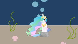 Size: 828x467 | Tagged: safe, artist:alexarmstrong2287, princess celestia, alicorn, pony, g4, 1000 hours in ms paint, bondage, bound and gagged, bubble, cement shoes, clam, cloth gag, crown, ethereal mane, ethereal tail, female, flowing mane, flowing tail, folded wings, gag, jewelry, mare, ocean, regalia, seashell, seaweed, solo, tail, underwater, water, wings