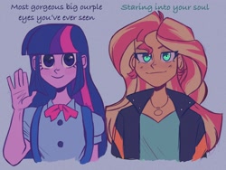 Size: 2048x1536 | Tagged: safe, artist:dreamz, sunset shimmer, twilight sparkle, equestria girls, g4, backpack, blue background, blue eyes, bowtie, clothes, dress, duo, duo female, ear piercing, earring, female, jacket, jewelry, leather, leather jacket, meme, necklace, piercing, shirt, simple background, sundress, waving