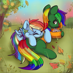 Size: 2048x2048 | Tagged: safe, rainbow dash, oc, pegasus, pony, g4, commission, community related, couple, cute, duo, flower, folded wings, hug, outdoors, wings, ych example, ych result