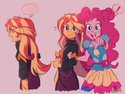 Size: 2048x1536 | Tagged: safe, artist:dreamz, pinkie pie, sunset shimmer, human, equestria girls, g4, my little pony equestria girls: better together, alternate hairstyle, bracelet, breasts, clothes, denim, dress, duo, duo female, ear piercing, earring, exclamation point, female, jacket, jeans, jewelry, leather, leather jacket, music festival outfit, open mouth, pants, piercing, pointing, shirt, speech bubble