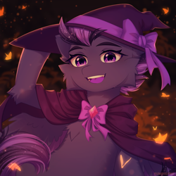 Size: 1945x1945 | Tagged: safe, artist:floweryoutoday, oc, oc only, oc:shadow galaxy, butterfly, pegasus, pony, cape, cheek fluff, clothes, commission, ethereal mane, fangs, female, hat, mare, open mouth, outdoors, pegasus oc, smiling, solo, starry mane, starry tail, tail, witch costume, witch hat, ych result