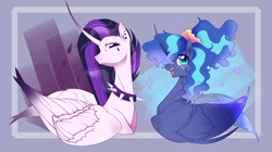 Size: 3212x1800 | Tagged: safe, artist:meteor s, princess celestia, princess luna, alicorn, pony, g4, 80s princess luna, :d, abstract background, aside glance, collar, duo, duo female, face paint, female, frown, looking at you, mare, open mouth, open smile, out of frame, punklestia, purple background, royal sisters, siblings, signature, sisters, smiling, sparkles, spiked collar, stars, upper body, white frame