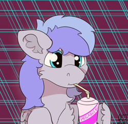 Size: 1396x1350 | Tagged: safe, artist:dsksh, oc, oc only, oc:discoordination, pegasus, pony, abstract background, alcohol, blue eyes, bust, chest fluff, cocktail, cup, drink, drinking, drinking straw, ear fluff, folded wings, hoof hold, male, pegasus oc, pony oc, portrait, solo, stallion, two toned mane, unshorn fetlocks, wings