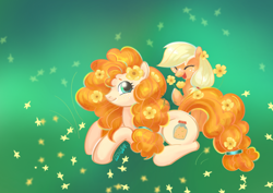 Size: 3508x2480 | Tagged: safe, artist:ginger, applejack, pear butter, earth pony, pony, g4, curly mane, duo, duo female, female, flower, mare, smiling, younger applejack