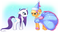 Size: 2469x1334 | Tagged: safe, artist:arwencuack, applejack, rarity, earth pony, pony, unicorn, g4, look before you sleep, angry, applejack is not amused, clothes, dress, duo, duo female, fanart, female, froufrou glittery lacy outfit, gown, horn, scene interpretation, smiling, smiling at someone, unamused, wet hair, wet hairity