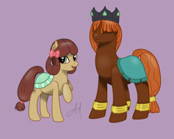 Size: 5000x4000 | Tagged: safe, artist:yinmai, prince rutherford, yona, earth pony, pony, g4, my little pony: friendship is magic, she's all yak, bow, crown, duo, duo male and female, female, hair bow, hair over eyes, jewelry, male, mare, monkey swings, open mouth, open smile, ponified, pony prince rutherfold, pony yona, purple background, raised hoof, regalia, simple background, smiling, species swap, stallion