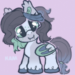 Size: 600x600 | Tagged: safe, artist:lastunicorn666, oc, oc:flair moth, bat pony, pony, chibi, female, mare, patterned background, polka dot background, solo