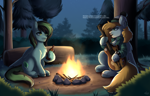 Size: 3120x2000 | Tagged: safe, artist:alunedoodle, oc, oc only, oc:sketchy shades, oc:weo, pegasus, pony, beanie, bottle, campfire, clothes, duo, forest, guitar, hat, jewelry, male, musical instrument, nature, necklace, outdoors, piercing, plaid shirt, playing guitar, playing instrument, shirt, singing, smiling, spiked wristband, tail, tree, two toned mane, two toned tail, wristband