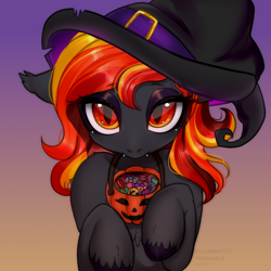 Size: 3000x3000 | Tagged: safe, artist:mojmojsanna, oc, oc only, oc:spirit harvest, hybrid, pony, chest fluff, commission, cute, ear fluff, fangs, female, gradient background, halloween, hat, holiday, hooves, mare, pumpkin bucket, solo, witch hat, ych result