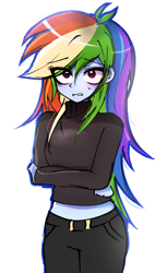 Size: 1250x2200 | Tagged: safe, artist:pulse, rainbow dash, human, equestria girls, g4, arm under breasts, blushing, clothes, crossed arms, embarrassed, eye clipping through hair, eyebrows, eyebrows visible through hair, female, looking at you, midriff, pants, simple background, solo, sweat, sweatdrop, sweater, turtleneck, white background