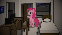 Size: 2594x1459 | Tagged: safe, artist:thesnowdoggo, pinkie pie, earth pony, pony, g4, bed, bipedal, chair, city, computer, fallout, female, gun, indoors, mare, solo, weapon, window