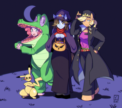 Size: 1957x1736 | Tagged: safe, artist:traupa, angel bunny, applejack, gummy, pinkie pie, oc, earth pony, pegasus, pikachu, rabbit, anthro, unguligrade anthro, g4, animal, animal costume, clothes, cosplay, costume, female, halloween, halloween costume, holiday, jojo's bizarre adventure, jotaro kujo, pokémon