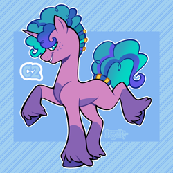 Size: 3000x3000 | Tagged: safe, artist:3ggmilky, part of a set, oc, oc only, oc:whimsy lullaby, pony, unicorn, g5, adoptable, blank flank, blue text, coat markings, colored belly, colored hooves, colored horn, colored pupils, curly mane, curly tail, dark belly, eyelashes, freckles, fusion, fusion:izzy moonbow, fusion:misty brightdawn, gradient horn, gradient mane, gradient tail, hair jewelry, high res, hooves, horn, jewelry, leg markings, looking back, looking down, magical lesbian spawn, next generation, nonbinary, nonbinary oc, offspring, outline, parent:izzy moonbow, parent:misty brightdawn, parents:mizzy, passepartout, profile, purple coat, purple hooves, raised hoof, raised leg, signature, smiling, socks (coat markings), solo, standing, standing on two hooves, striped background, striped horn, striped mane, striped tail, tail, tail jewelry, tail tie, teal eyes, teal mane, teal pupils, teal tail, undercut, unicorn horn, unicorn oc, unshorn fetlocks