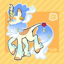 Size: 3000x3000 | Tagged: safe, artist:3ggmilky, part of a set, oc, oc only, oc:shimmering sands, kirin, starfish, g4, adoptable, blue eyelashes, blue eyes, blue mane, blue pupils, blue tail, cloven hooves, coat markings, colored eartips, colored eyelashes, colored hooves, colored pupils, cookie run, crossover, crossover fusion, crossover ship offspring, cyan eyes, cyan pupils, ethereal mane, ethereal tail, eye markings, fusion, fusion:autumn blaze, fusion:sea fairy cookie, gradient legs, gradient mane, gradient tail, hair accessory, high res, hooves, interspecies offspring, kirin oc, leg fluff, leg markings, lidded eyes, looking down, magical lesbian spawn, male, mane accessory, offspring, outline, parent:autumn blaze, parent:sea fairy cookie, passepartout, pearl, raised hoof, raised leg, seashell, signature, smiling, socks (coat markings), solo, standing, standing on two hooves, striped background, tail, tail accessory, three quarter view, two toned ears, water mane, water tail, yellow coat, yellow hooves, yellow text